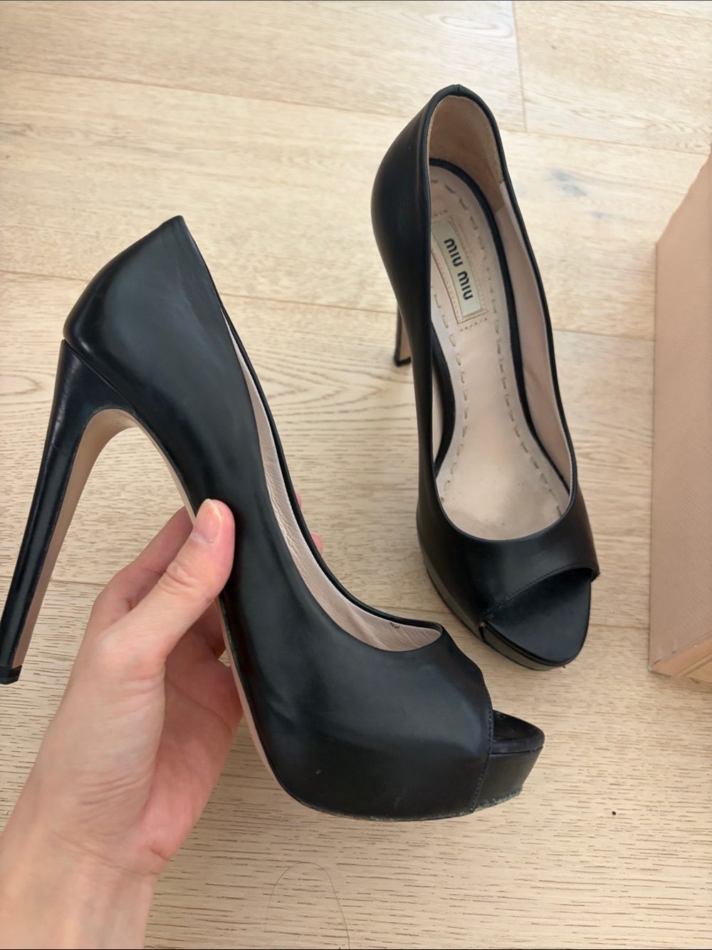 Vintage Miu Miu Black Leather Peep-Toe Platform Heels Sz 38